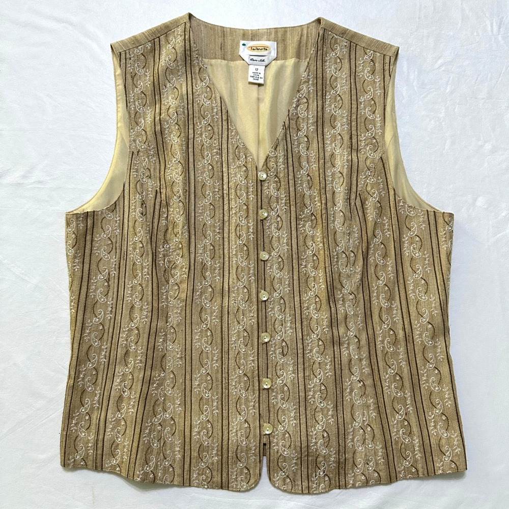 VTG Talbots 100% Silk Vest 12 Tan Paisley Embroidered Beaded Boho Academia Chic